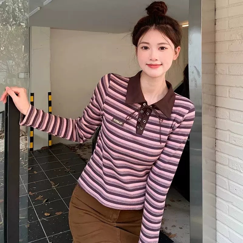 Áo dệt kim ZHELIHANGFEI tay dài cổ bẻ cột dây họa tiết kẻ sọc thời trang trẻ trung cho nữ