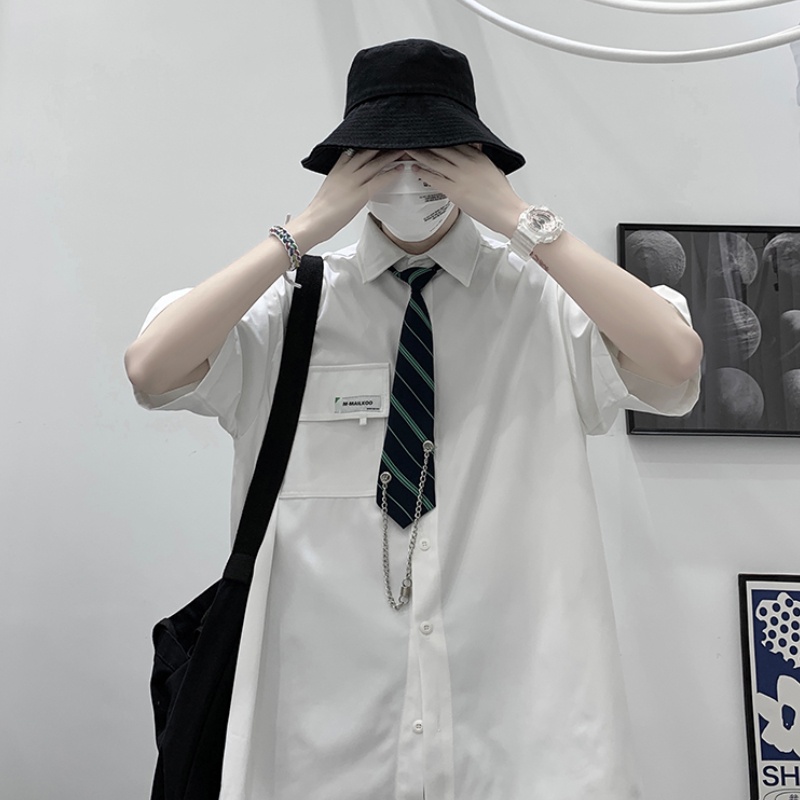 Áo Sơ Mi Trắng Tay Ngắn Phối Cà Vạt Phong Cách Đại Học Xuân Hè Thiết Kế Mới Cho Nam