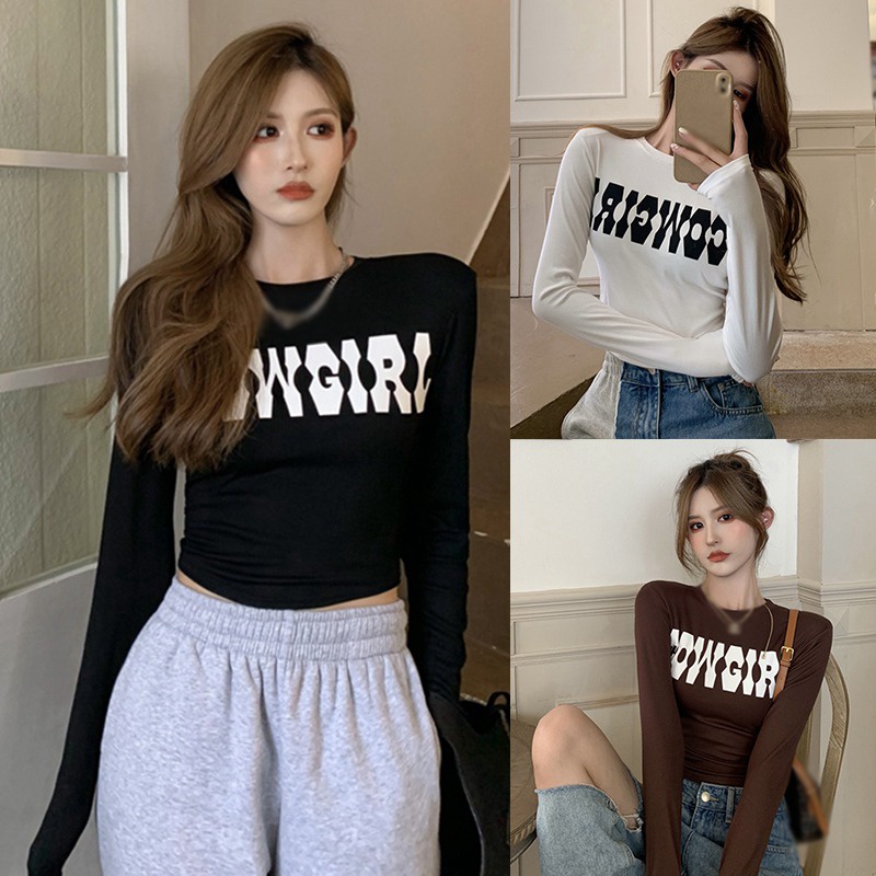 Áo Thun Tay Dài Cổ Tròn In Chữ Dáng Ôm Thời Trang Mùa Thu Quyến Rũ Cho Nữ