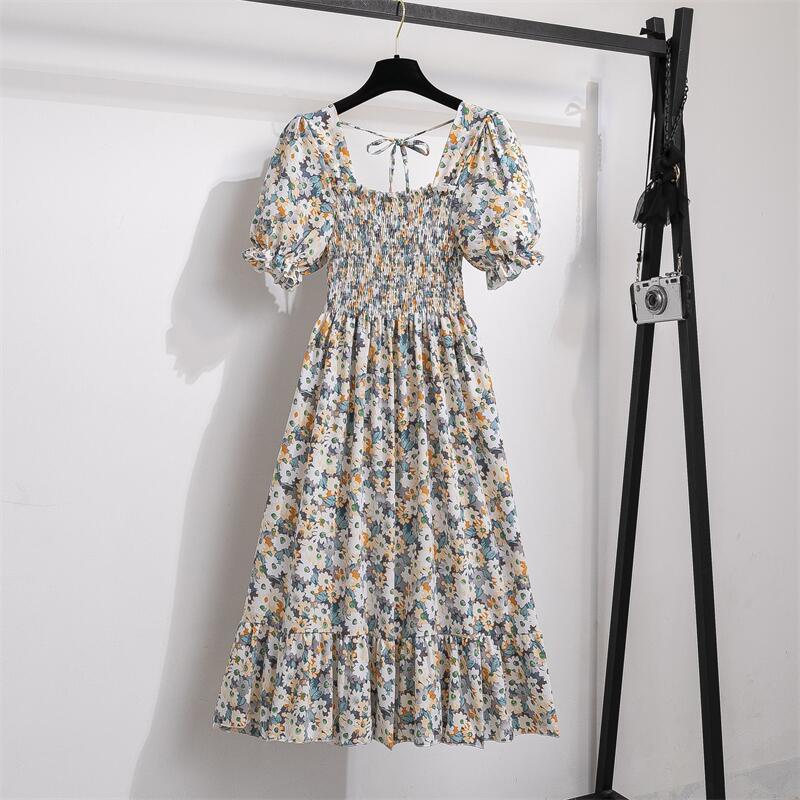 Đầm midi Chữ A Vải Voan Xếp Ly Tay Ngắn In Hoa Phối Dây Buộc Sau Lưng Kiểu Vintage Dễ Thương
