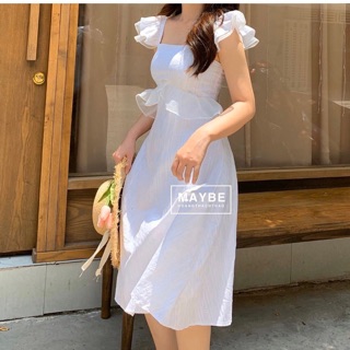 Đầm midi trắng cổ vuông tay tiên viền bèo eo