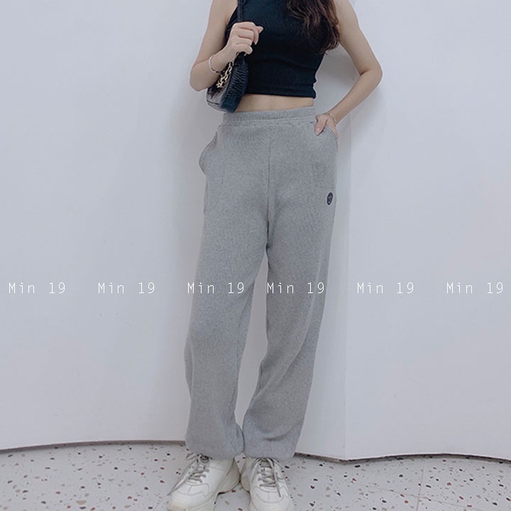 Quần ống rộng nữ MIN19 quần jogger bigsize lưng cao ống rộng cạp chun bo gấu màu trắng đen ghi thời trang Hàn Quốc | BigBuy360 - bigbuy360.vn
