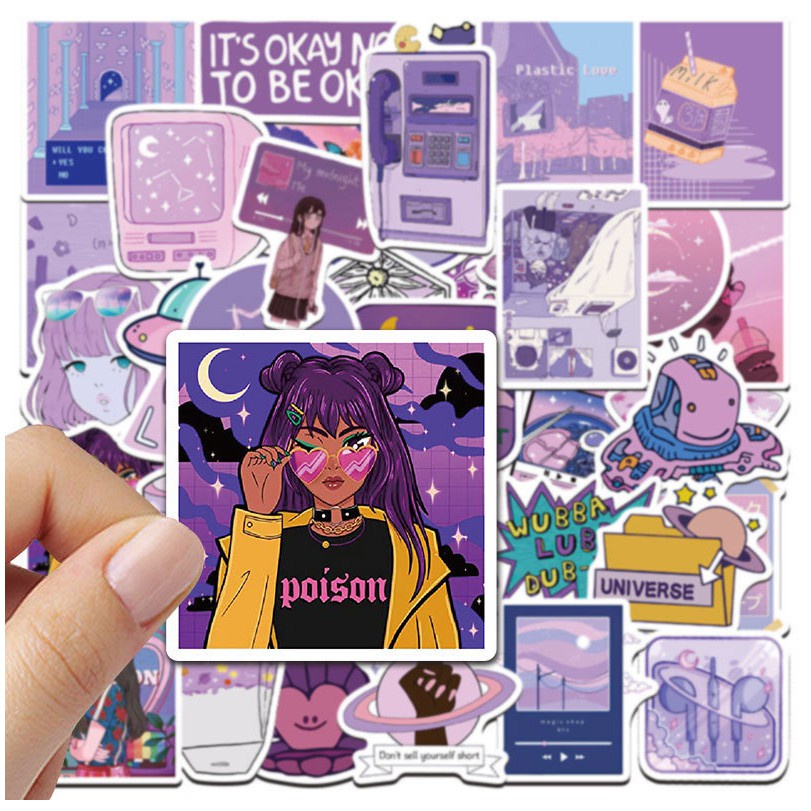 Set 50 miếng dán từ vinyl chống thấm nước họa tiết hoạt hình tông màu tím | BigBuy360 - bigbuy360.vn