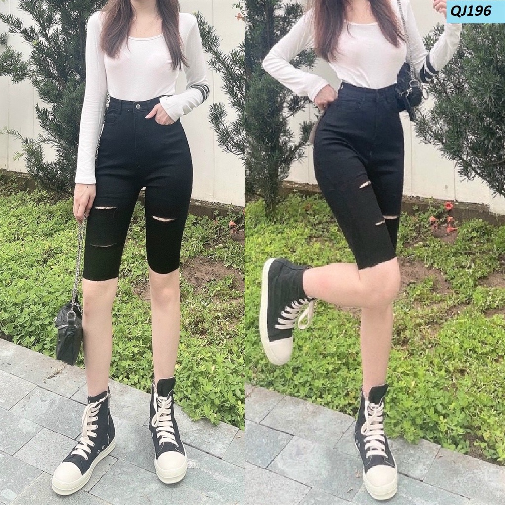 Quần ngố jeans co giãn rách gối lưng cao đẹp QJ196