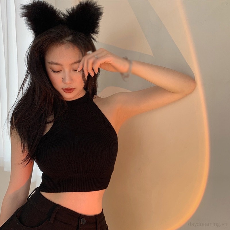 Áo Croptop Hai Dây Dệt Kim Màu Sắc Trơn Nhẹ Đơn Giản Dành Cho Nữ
