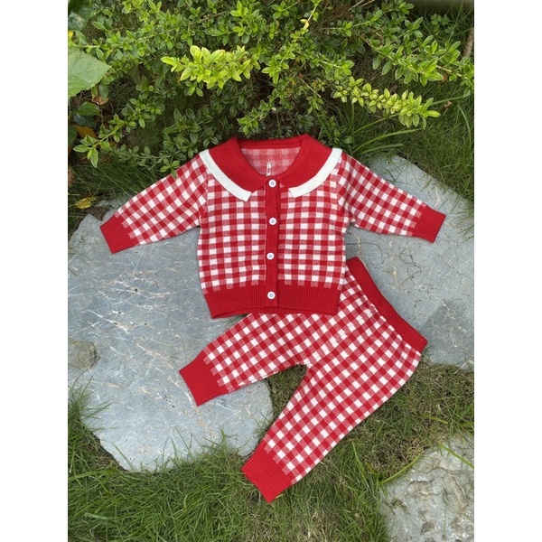 Bộ Len Bé Gái Cài Khuy, Bộ Len Kẻ Caro Cho Bé Gái size 60-90