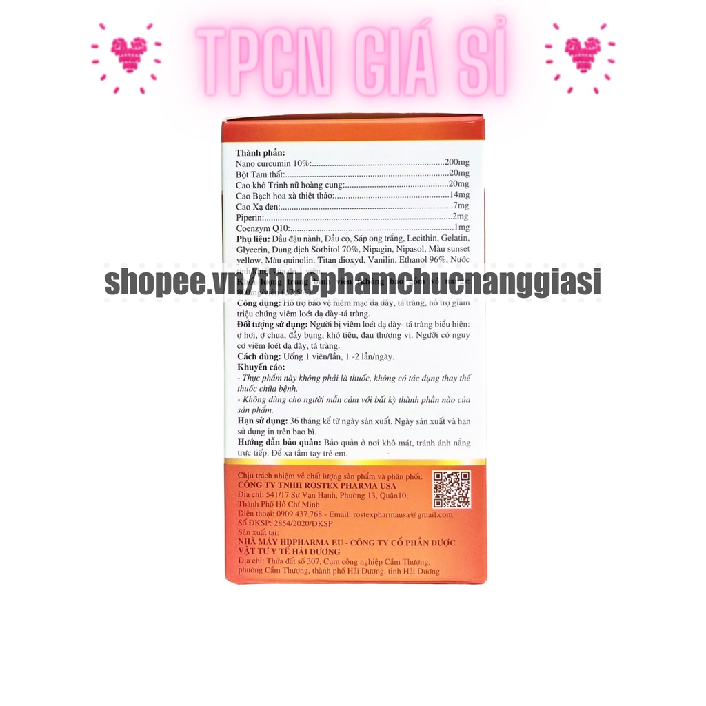 Viên uống dạ dày Nano Curcumin nghệ, bột tam thất xạ đen, hỗ trợ giảm trào ngược, ợ hơi, khó tiêu - Hộp 30 viên