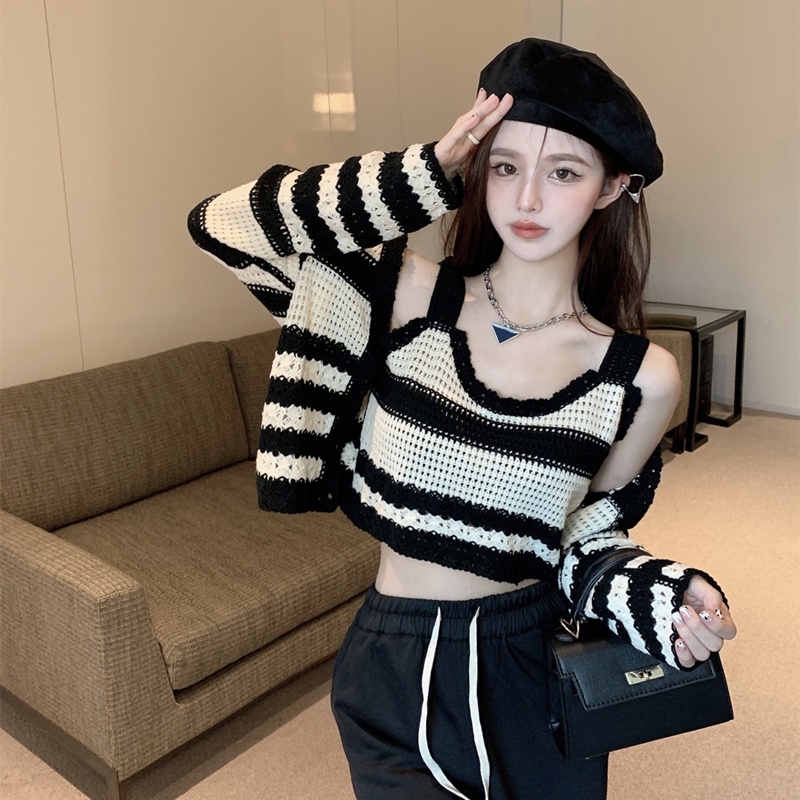 Bộ áo cardigan dệt kim sát nách kẻ sọc + quần lưng cao ZHELIHANGFEI quyến rũ thời trang cho nữ