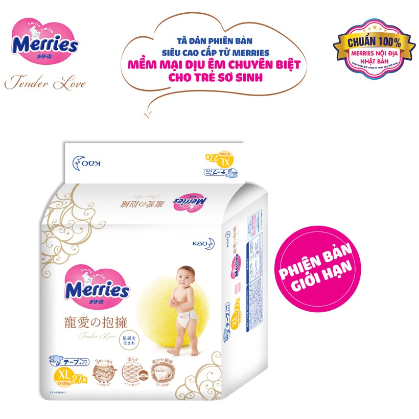 Tã/bỉm dán cao cấp Merries Tender Love size XL - 27 miếng (Cho bé 12 - 20kg)