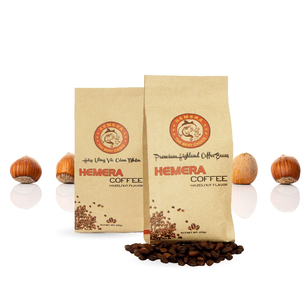 Cà phê Hemera hương hạt dẻ Hazelnut rang xay nguyên chất (250gram) Tặng 2 gói cafe hòa tan Hemera