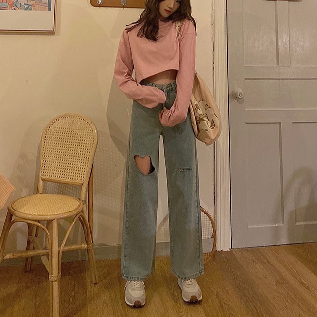 LEEVA - Quần jeans rách trái tim dáng dài cho nữ ống suông Q036