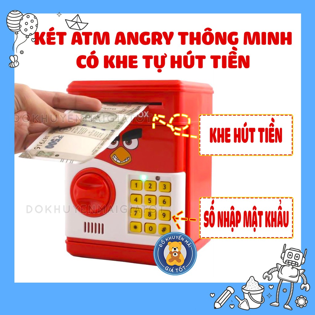 Két sắt mini thông minh / ống heo cho bé có mật mã hình chú chim giận dữ màu đỏ tặng kèm 3 viên pin AA