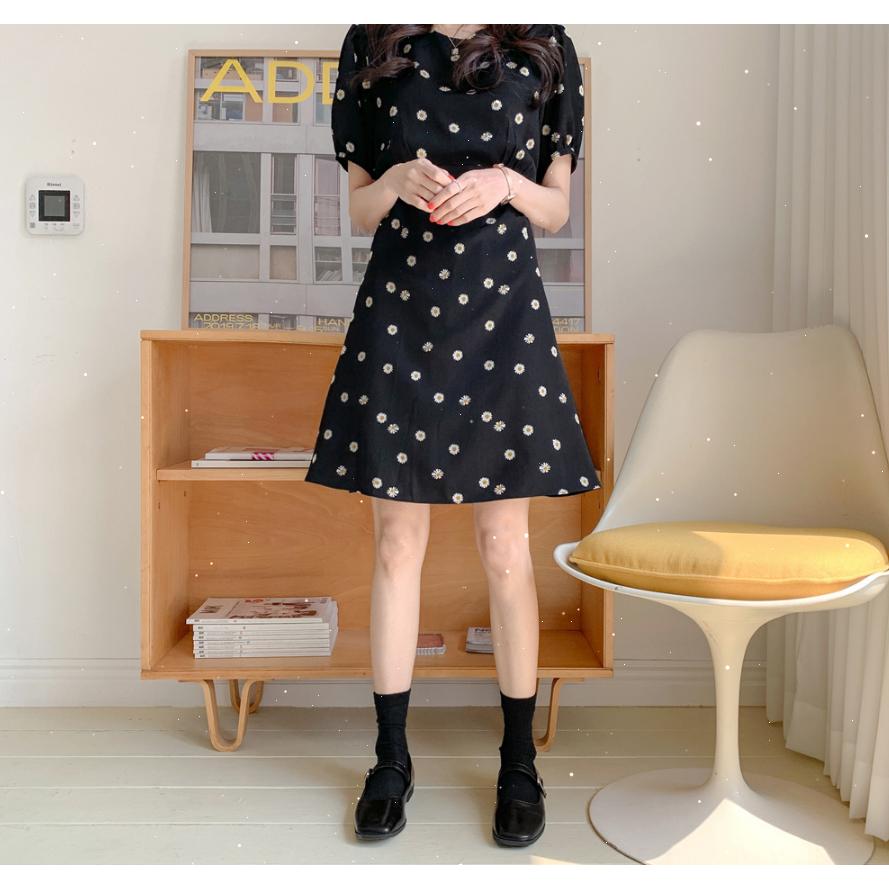 SUXI Đầm họa tiết hoa cúc thời trang hè tay ngắn dành cho nữ