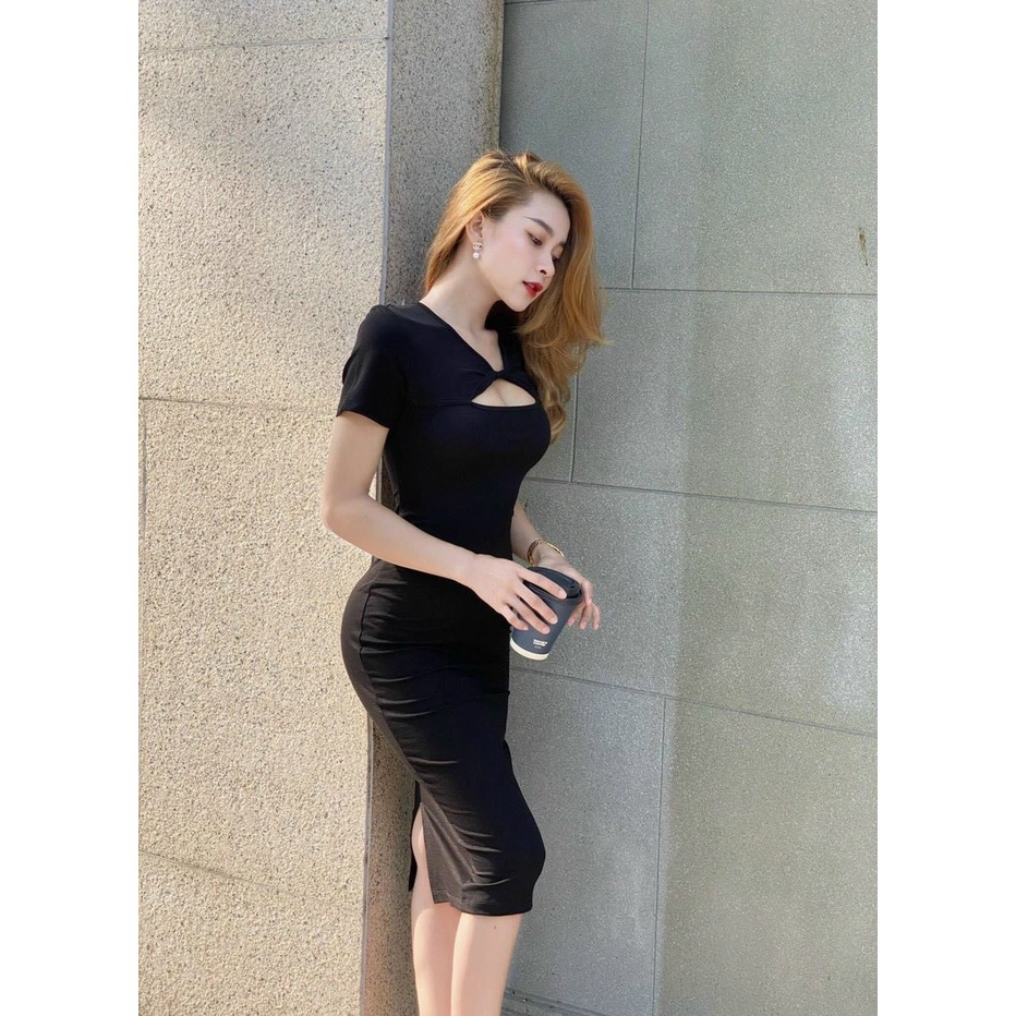 đầm tay ngắn dáng dài xoắn nhẹ hở ngực chất bozip mềm lth