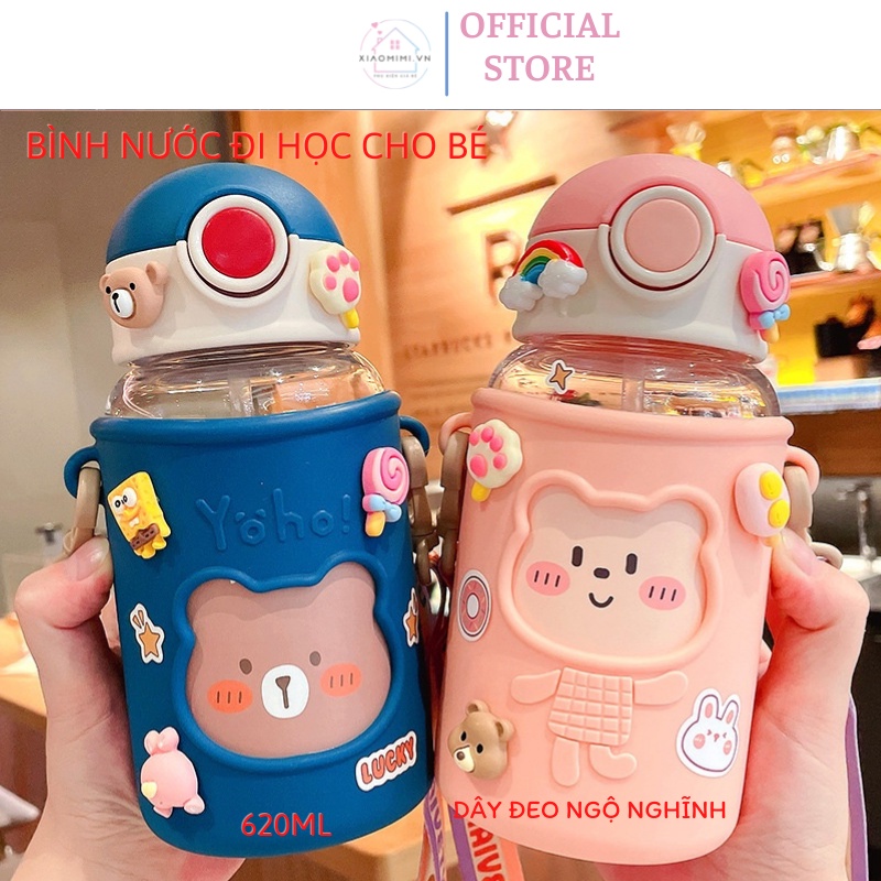 Bình nước cho bé đi học có ống hút bằng nhựa hai lớp cách nhiệt vỏ bọc silicon có dây đeo Xiaomimi 55226