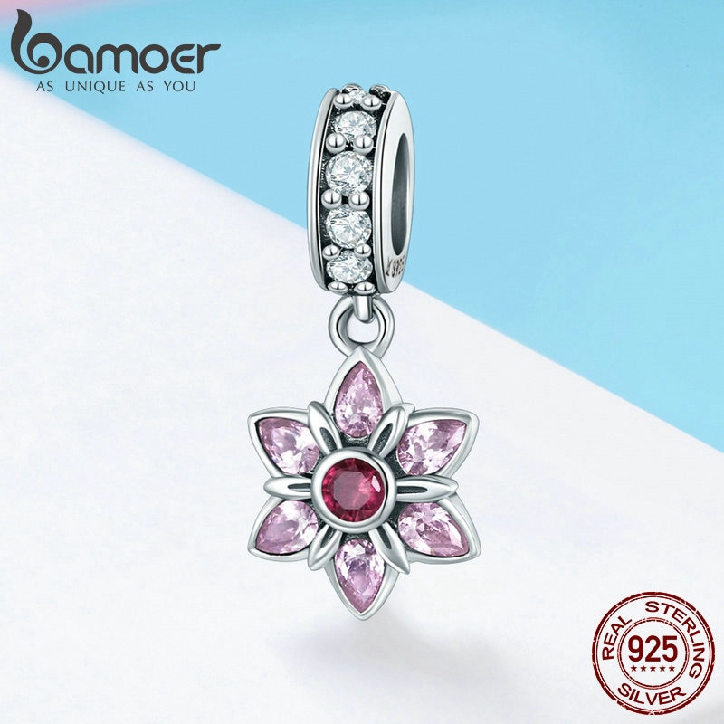 BAMOER Mặt Vòng cổ Bạc 925 SCC840 Họa Tiết Hoa Hồng Đính Đá Pha Lê Hồng