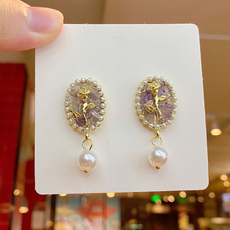 Bông tai mạ bạc 925 mặt tím hình hoa hồng đính ngọc trai thời trang sang trọng cho nữ