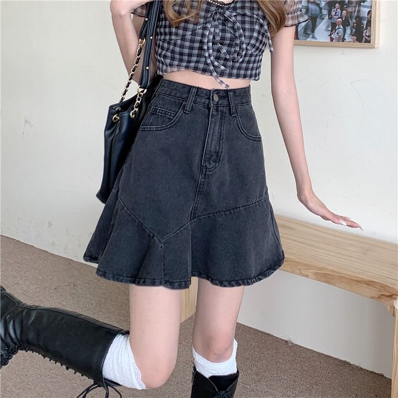 COZOK Chân Váy Đuôi Cá Denim Lưng Cao Thời Trang