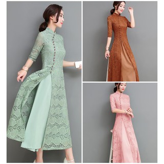 HÀNG NHẬP - ÁO DÀI CÁCH TÂN REN HOA CHÂN VÁY LIỀN - AD01