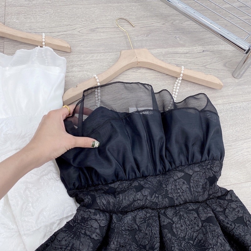 Váy gấm xốp hoa nổi dây ngọc siêu tôn dáng