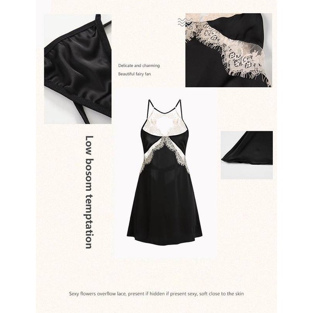 Đầm Ngủ Hai Dây Cổ Chữ V Hở Lưng Phối Ren Gợi Cảm 1236