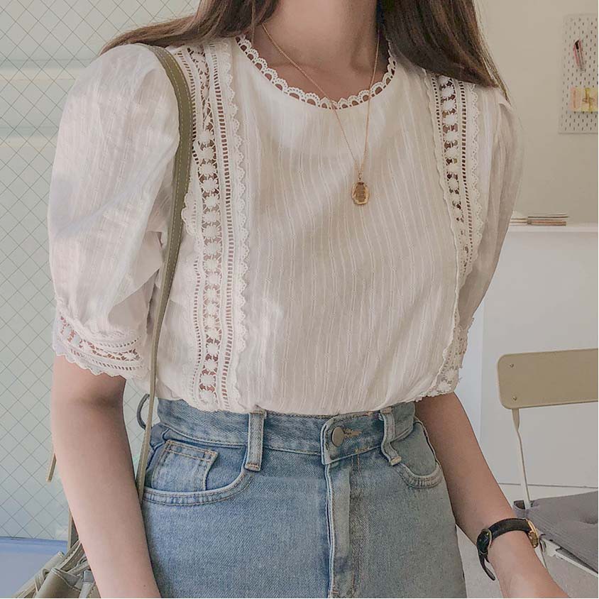 Áo kiểu viền ren, sơ mi tay lỡ ren ulzzang Hàn Quốc - BBD17FG BROWN