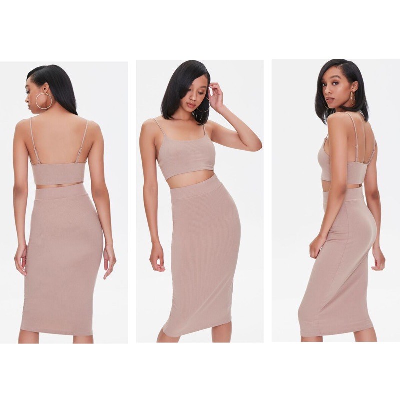 Set Áo Croptop Chân Váy Midi Thun Gân F21