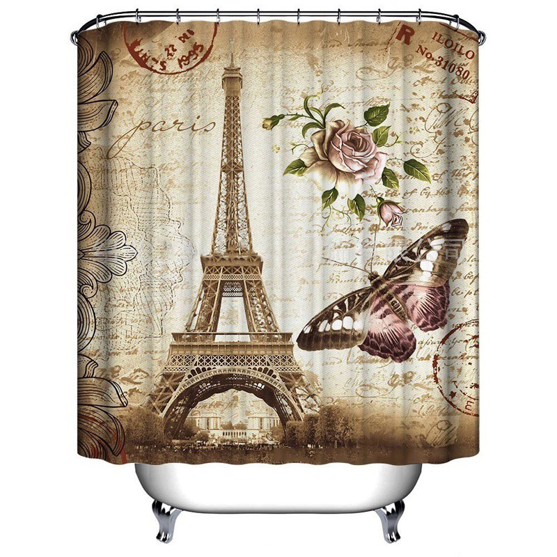 RR❤ Fashion Paris Eiffel Tower Butterfly and Flower Print Shower Curtain Mildew-proof Bathroom Accessories Home Decorati