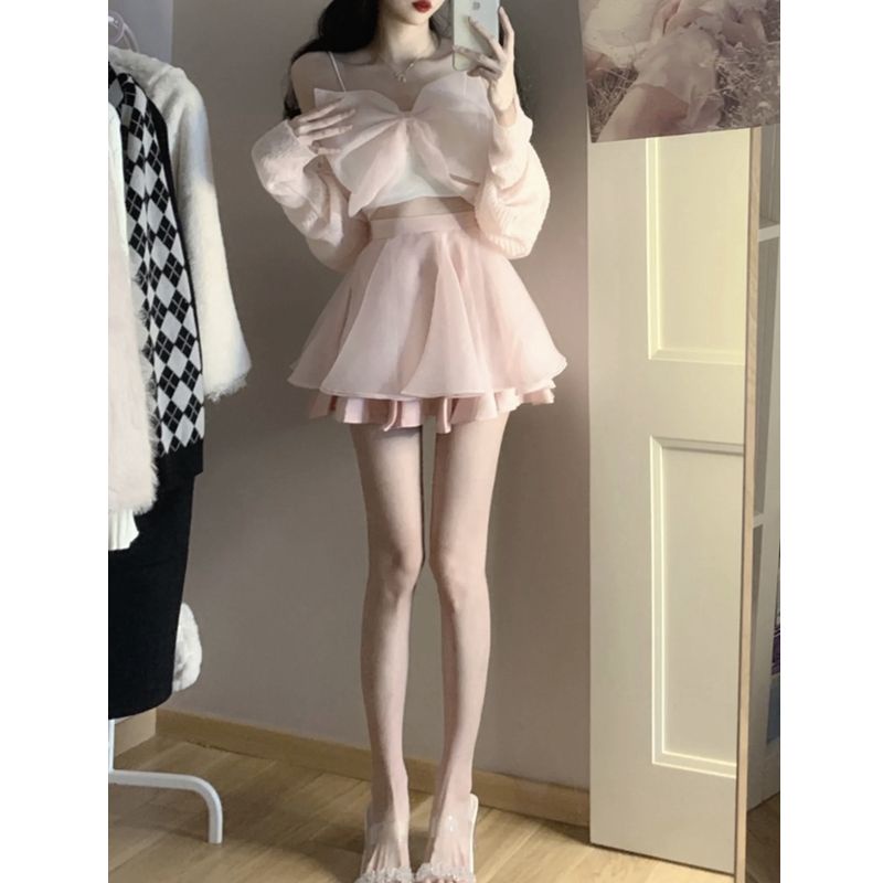 Set Áo Lưới Đính Nơ + Áo Khoác + Áo Khoác Cardigan Thời Trang Nữ Tính