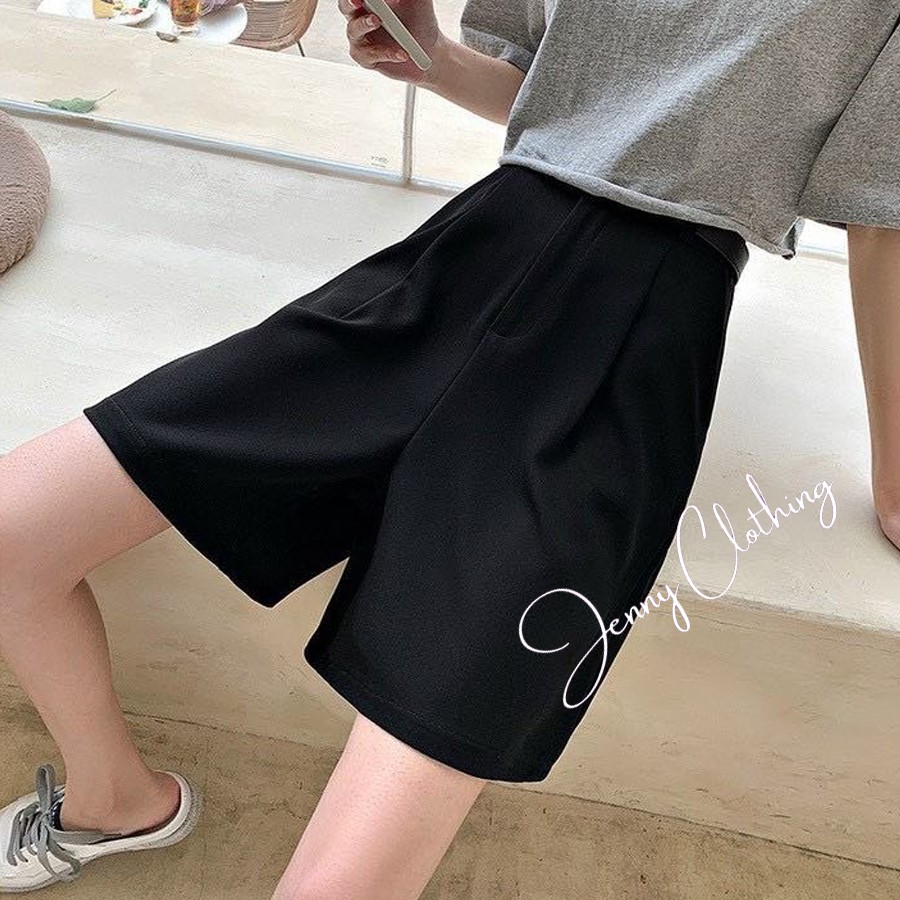 Quần Short nữ ống rộng màu đen cạp lưng cao dáng lửng dài ngang gối vải tuyết mưa mặc đi học chơi biển ở nhà đều đẹp