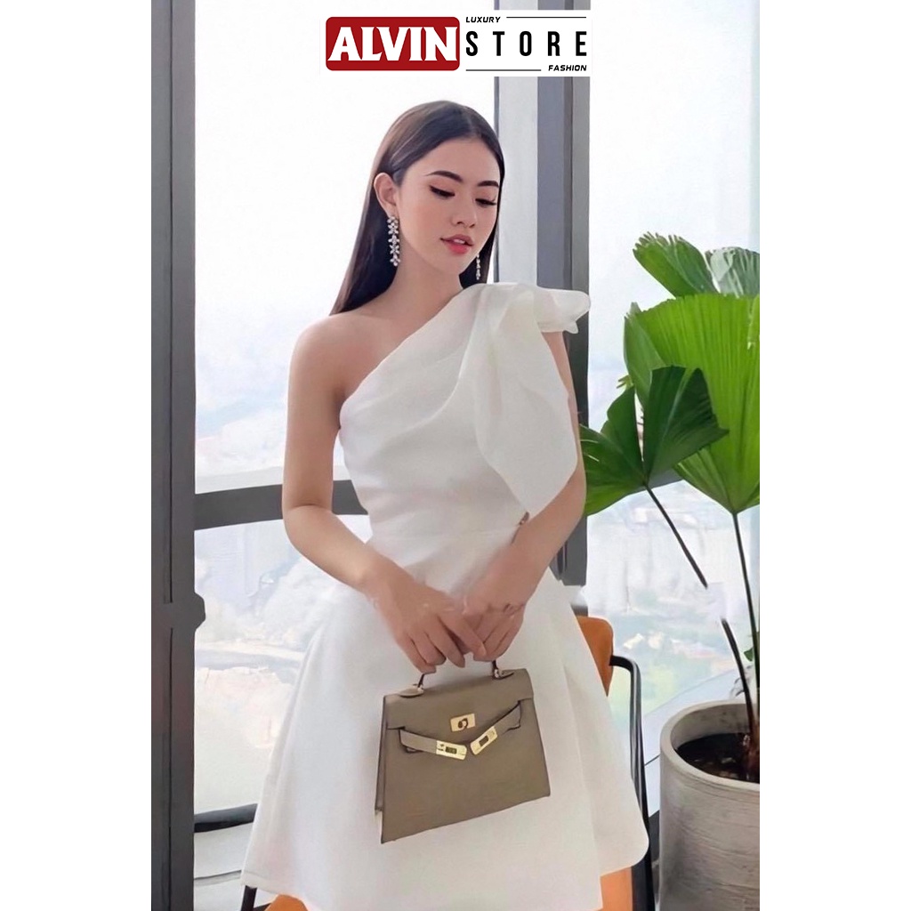 Đầm Xoè Kiểu Lệch Vai Kèm Nơ Xếp Ly Độc Đáo Eo Đắp Chéo Tà Phong Cách Sang Trọng Alvin Store 0907