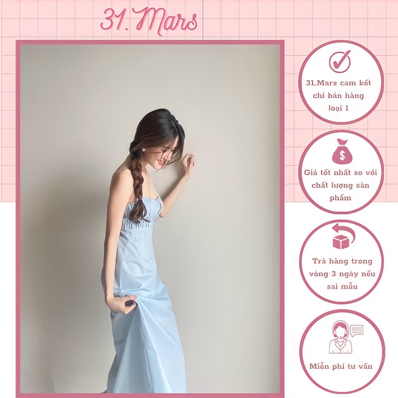 Váy đầm midi nữ hai dây màu xanh nhún ngực có mút ngực freesize  D8