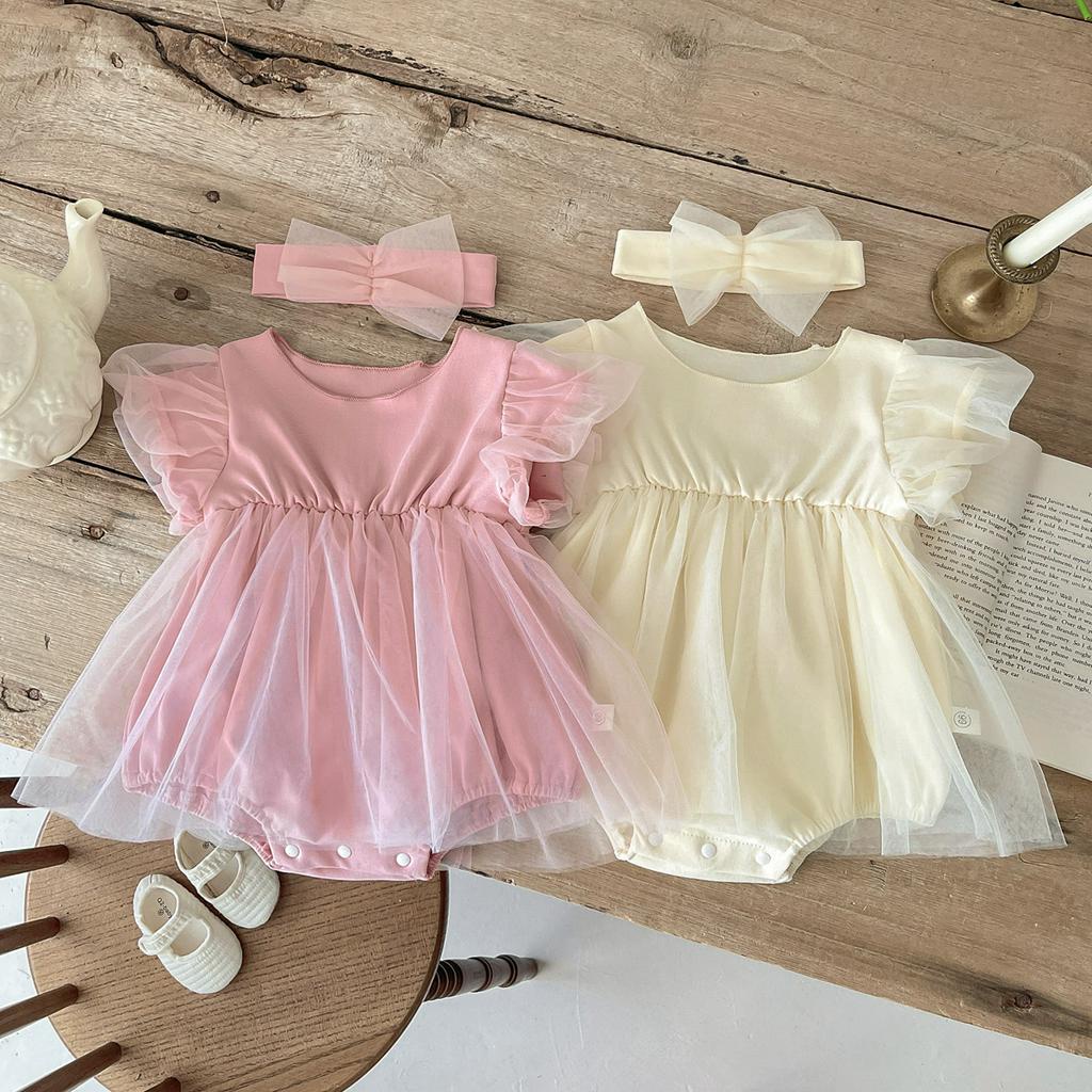 Bộ Đầm Công Chúa + Băng Đô Lưới Thời Trang Mùa Hè Cho Bé Gái Sơ Sinh