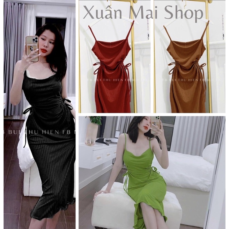 [FREESHIP] Đầm ôm body chất liệu gân tăm dày dặn co giãn cách điệu rút dây eo siêu đỉnh