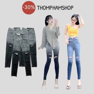 Quần bò jeans loang rách gối - ôm đùi co giãn cao cấp-shop thơm phạm