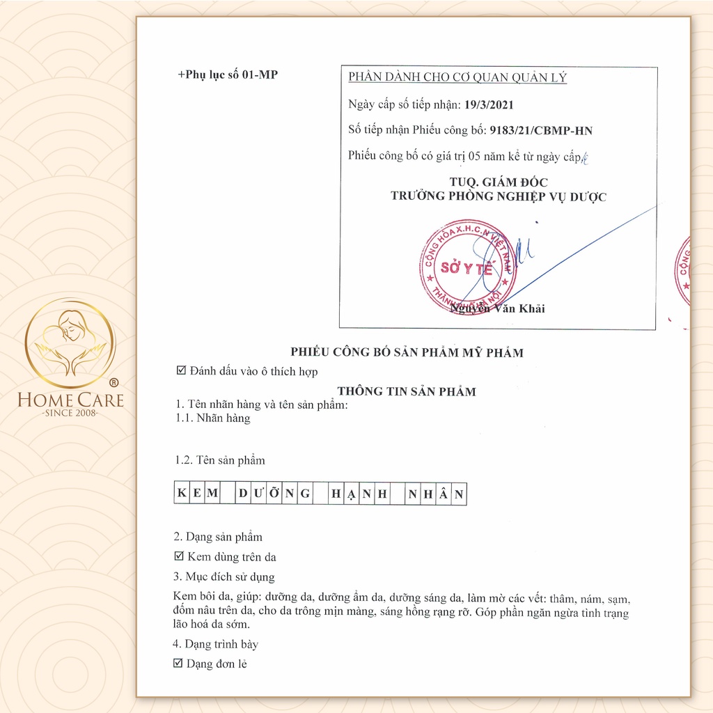 Kem dưỡng ẩm da mặt hạnh nhân Home Care thành phần tự nhiên làm sáng cấp ẩm căng bóng da hũ 50g