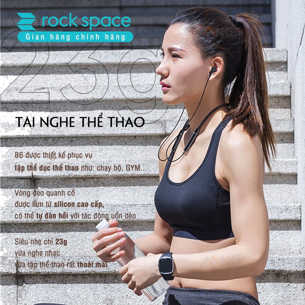 Tai nghe bluetooth không dây thể thao Rockspace B6, dành cho chạy bộ, tập GYM, thiết kế nhét tai, có micro, pin 6 tiếng