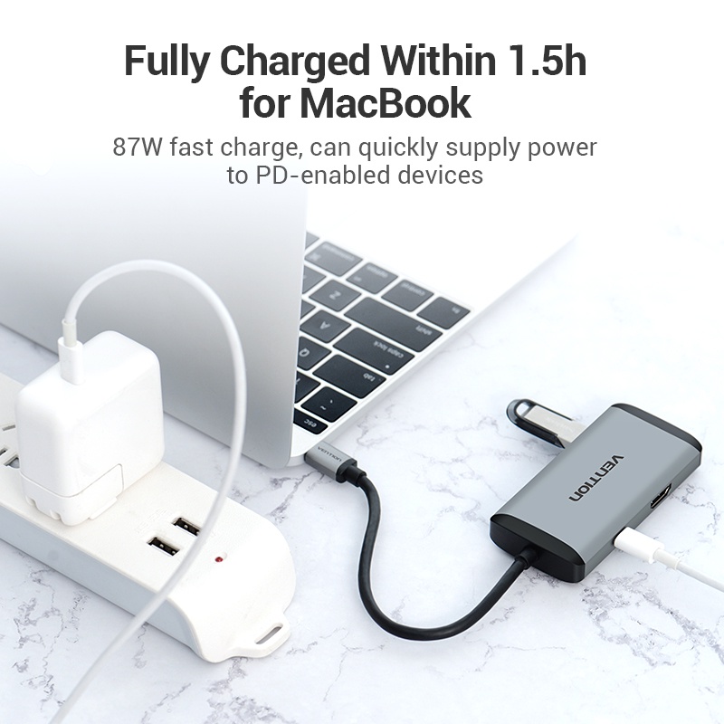 Cáp chuyển đổi USB Type-C sang HDMI + USB 3.0*3 + RJ45 + PD - Hàng chính hãng Vention