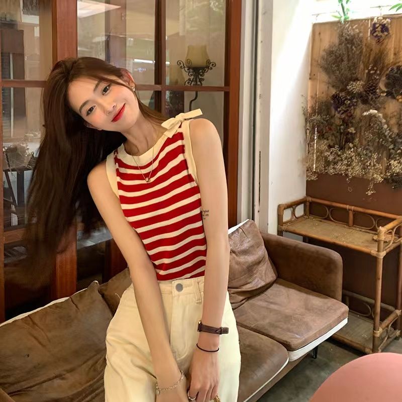 Áo Dệt Kim Dáng Rộng Họa Tiết Kẻ Sọc Thắt Nơ Xinh Xắn Cho Nữ