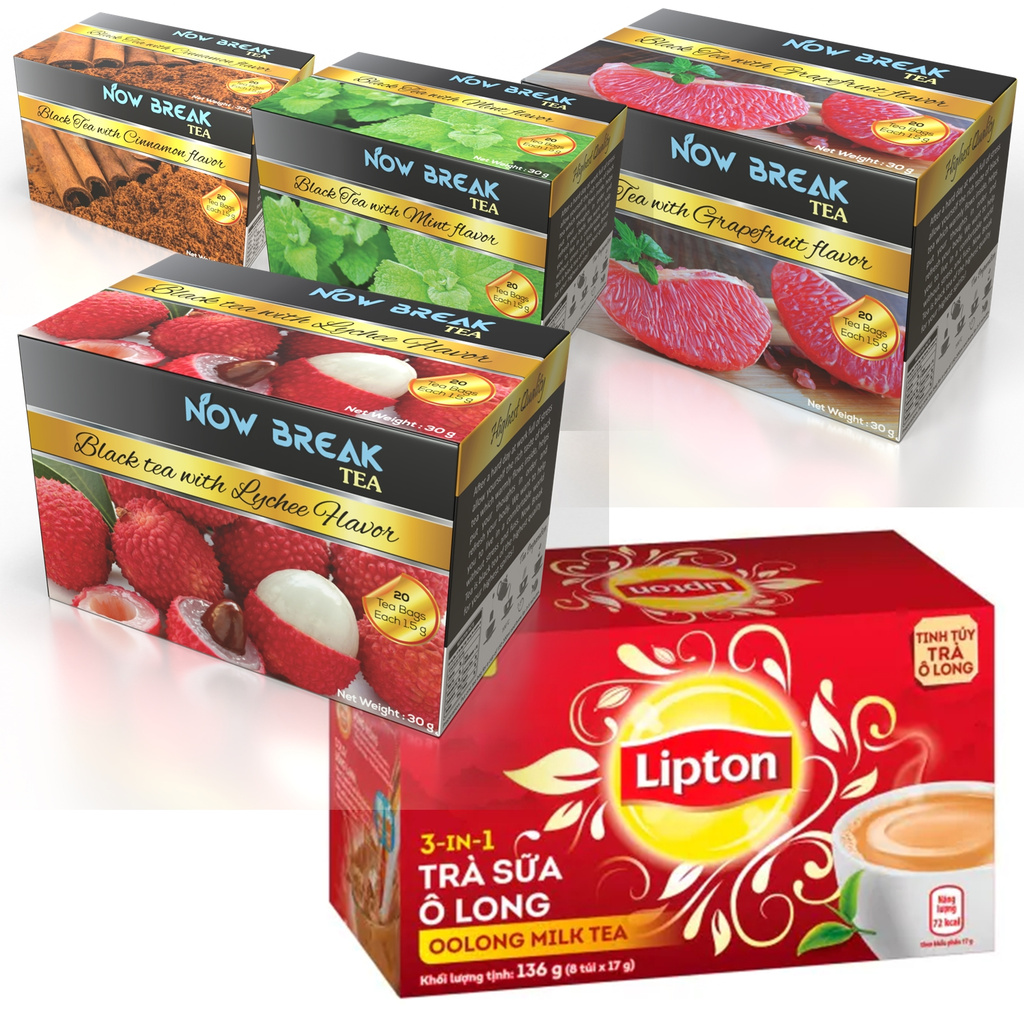 Trà Sữa Ô long Lipton 3 trong 1 136G (8 gói x17g) + 04 hộp trà túi lọc Now Break Tea (20 gói x VẢI, BƯỞI, BẠC HÀ, QUẾ)