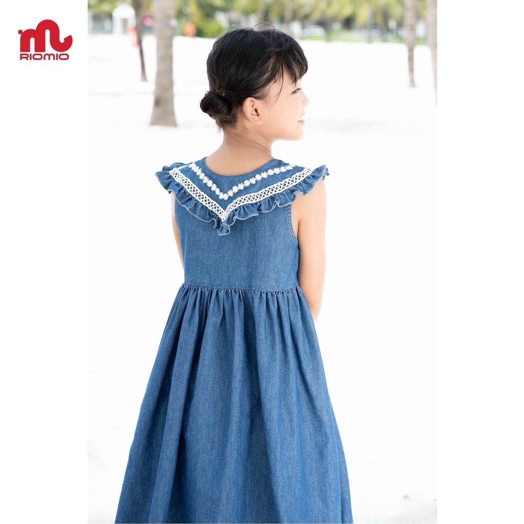 Váy jean bé gái 3-11 tuổi (15-40kg) dáng suông RIOMIO cổ phối ren 100% cotton USA cao cấp cho bé - RO216