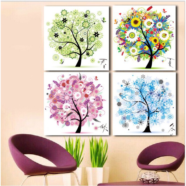 Tranh Thêu Chữ Thập Chỉ Lụa Thêu Kín Chưa Thêu Cây Bốn Mùa May Mắn  HH0688