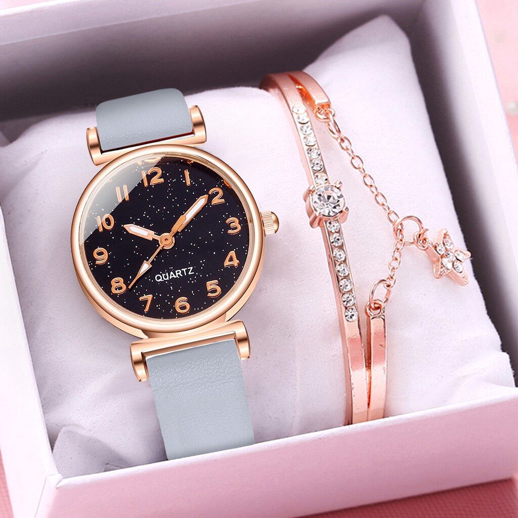 Đồng Hồ Đeo Tay Dây Da Mặt Ánh Sao Xinh Xắn Dành Cho Nữ