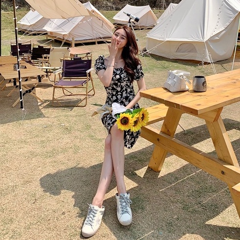 【ZHELIHANGFEI】 / Đầm Hoa Trễ Vai Tay Phồng Dáng Ngắn Form Ôm Thời Trang Cho Nữ