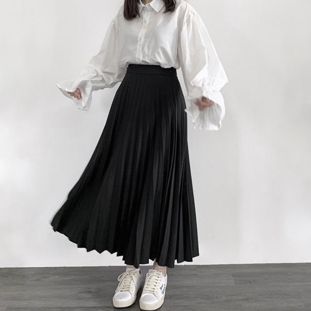 BASIC SHIRT + PLEATED MIDI SKIRT