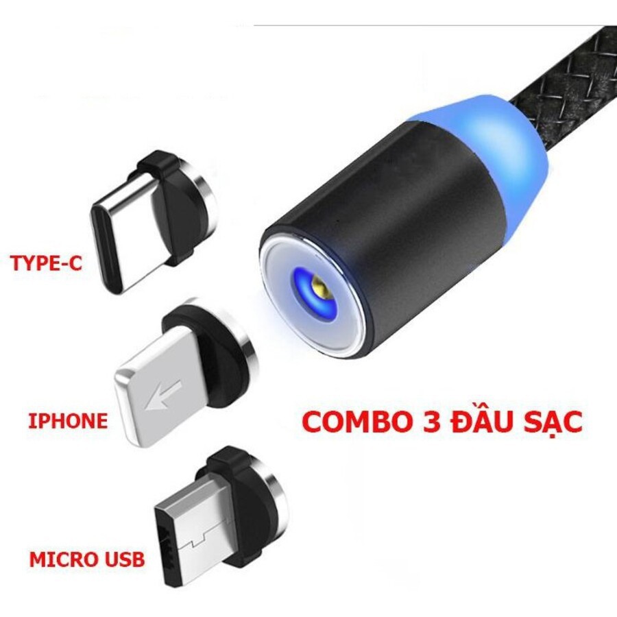 Cáp Sạc Điện Thoại, Nam Châm 3 Đầu Hút Dành Cho Iphone/Android/Type C, Dây Dù Xoay 360 Độ, Có Đèn Led