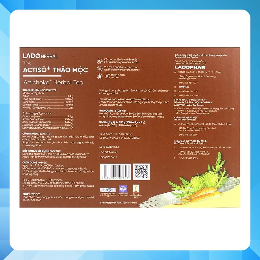 Trà Actiso + Thảo Mộc. cty dược phẩm Lâm Đồng. Ladophar. hộp cao cấp 100 túi lọc.