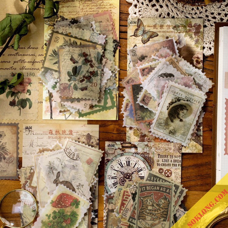 Bộ 60 tem dán Vintage hình thực vật, động vật - Sticker hình tem Tuệ Minh