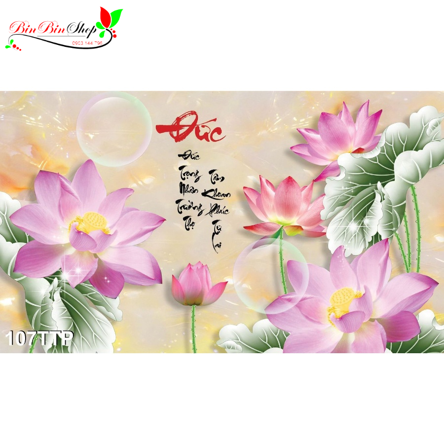Tranh dán tường hoa sen hồng và chữ Đức