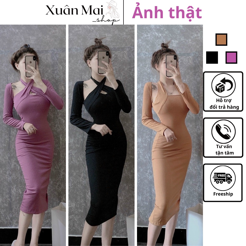 [FREESHIP] Đầm ôm body nữ chéo cổ tay dài nhiều màu hot hit